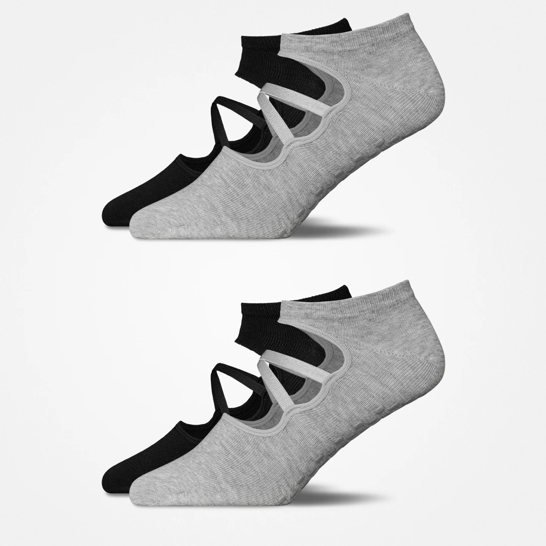 {"alt": "Pilates Socken mit Riemchen - Socken - Mix (Schwarz/Grau)", "quantity":"2"}