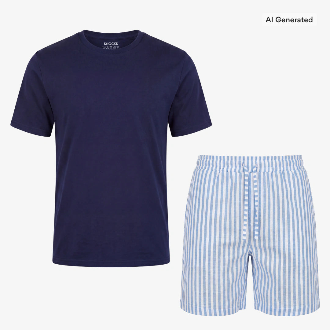 Schlafanzug Set Gestreift Herren Kurz - Kleidung - Blue Breeze/Weiß