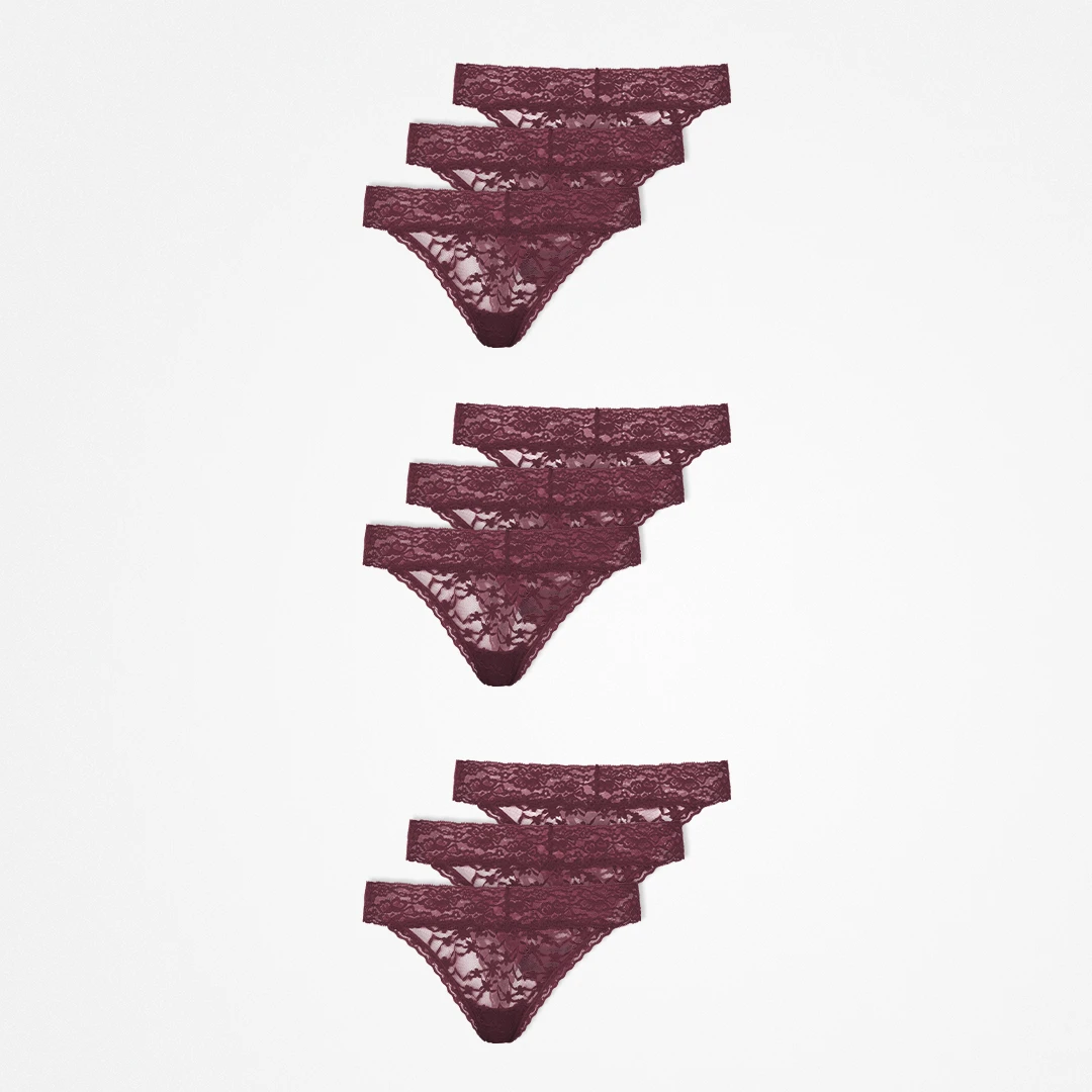 {"alt": "Tangas aus Spitze - Unterhosen - Weinrot", "quantity":"3"}