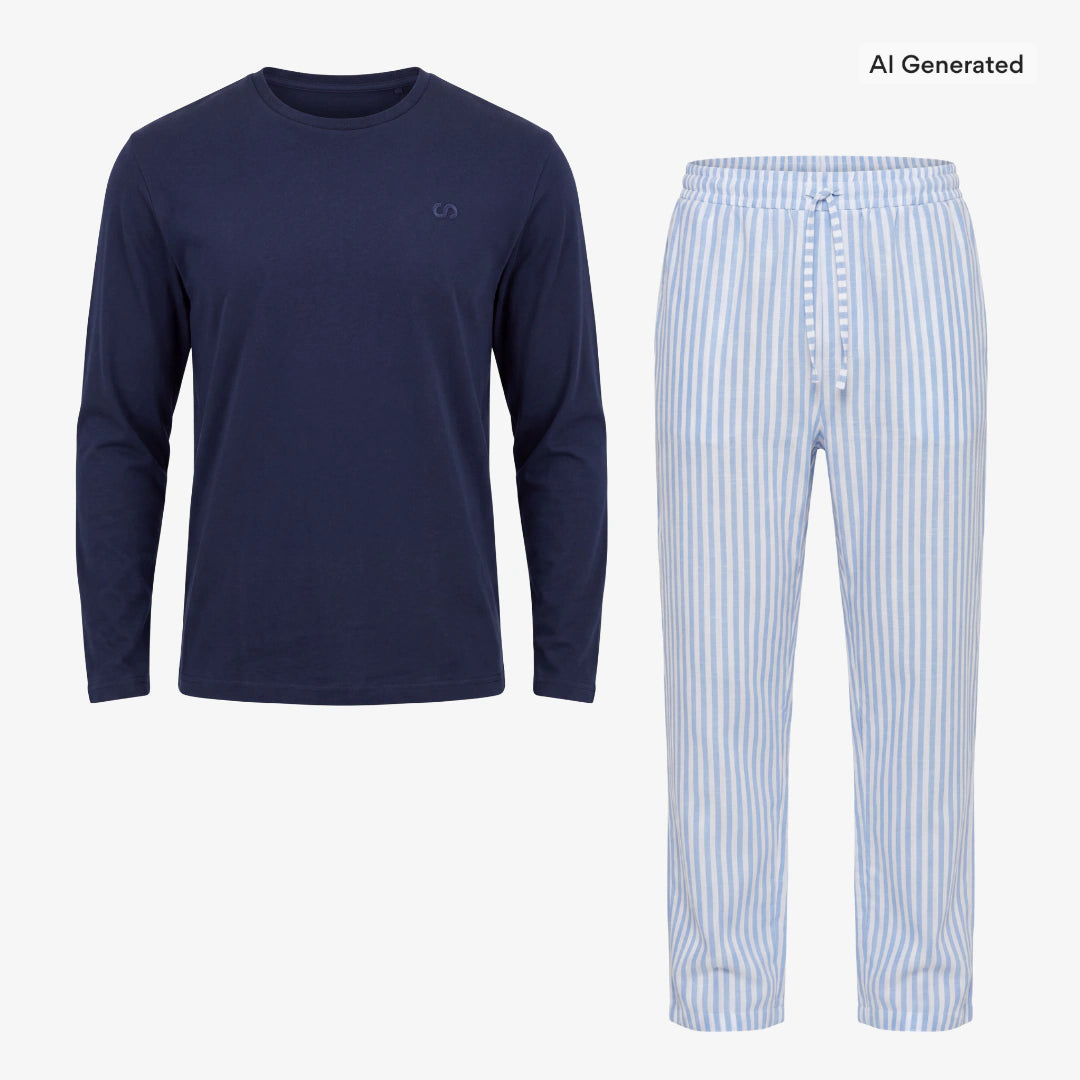 Schlafanzug Set Gestreift Herren Lang - Kleidung - Blue Breeze/Weiß