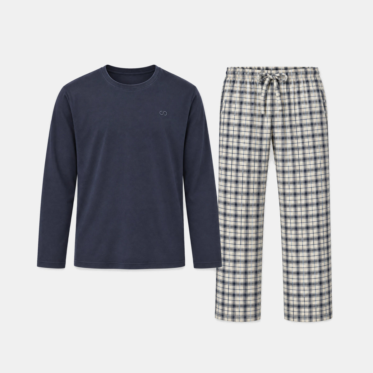 Flanell Schlafanzug Set Herren - Kleidung - Dunkelblau-Weiß kariert