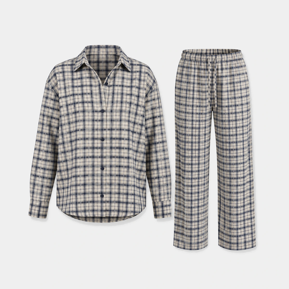 Flanell Schlafanzug Set Damen - Kleidung - Dunkelblau-Weiß kariert
