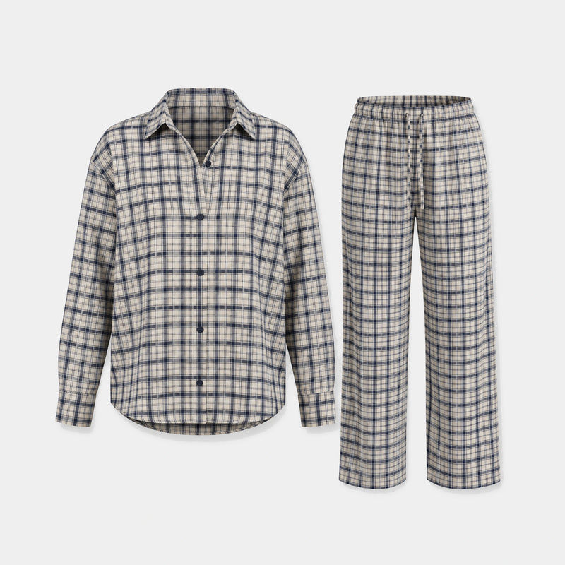 Flanell Schlafanzug Set Damen - Kleidung - Dunkelblau-Weiß kariert