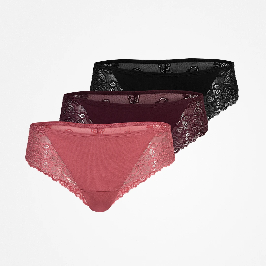 Brazilian Slips mit Spitze - Unterhosen - Mix (Mauve/Weinrot/Schwarz)