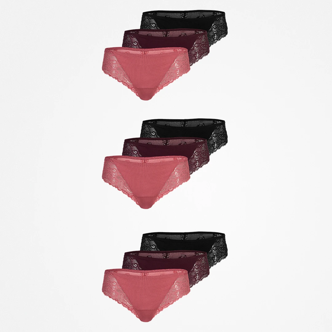 {"alt": "Brazilian Slips mit Spitze - Unterhosen - Mix (Mauve/Weinrot/Schwarz)", "quantity":"3"}