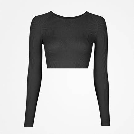 Geripptes Sportshirt langarm Damen - Oberteile - Schwarz 