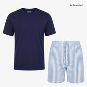 Schlafanzug Set Gestreift Herren Kurz - Kleidung - Blue Breeze/Weiß