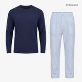 Schlafanzug Set Gestreift Herren Lang - Kleidung - Blue Breeze/Weiß