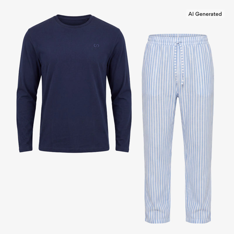 Schlafanzug Set Gestreift Herren Lang - Kleidung - Blue Breeze/Weiß