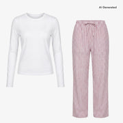 Schlafanzug Set Gestreift Damen lang - Kleidung - Coral Pink/Weiß