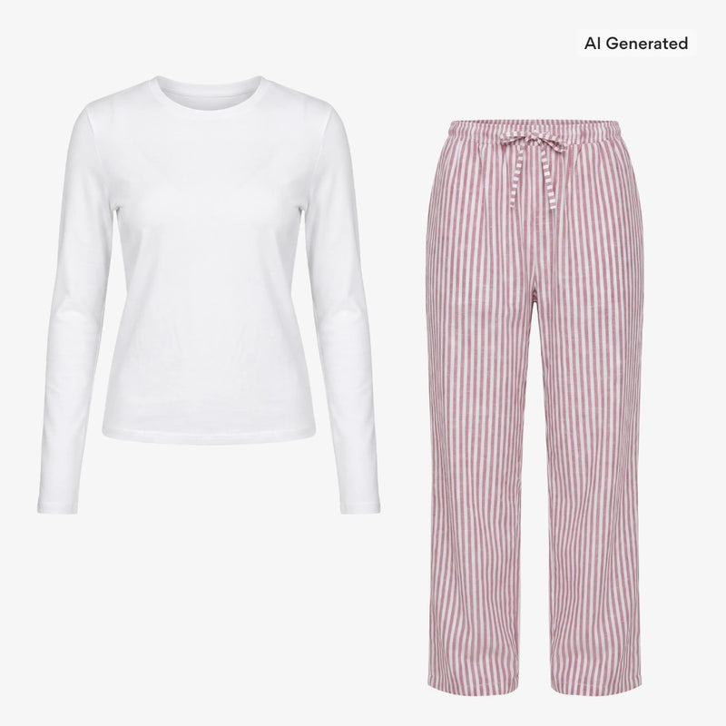 Schlafanzug Set Gestreift Damen lang - Kleidung - Coral Pink/Weiß