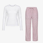 Schlafanzug Set Gestreift Damen lang - Kleidung - Coral Pink/Weiß