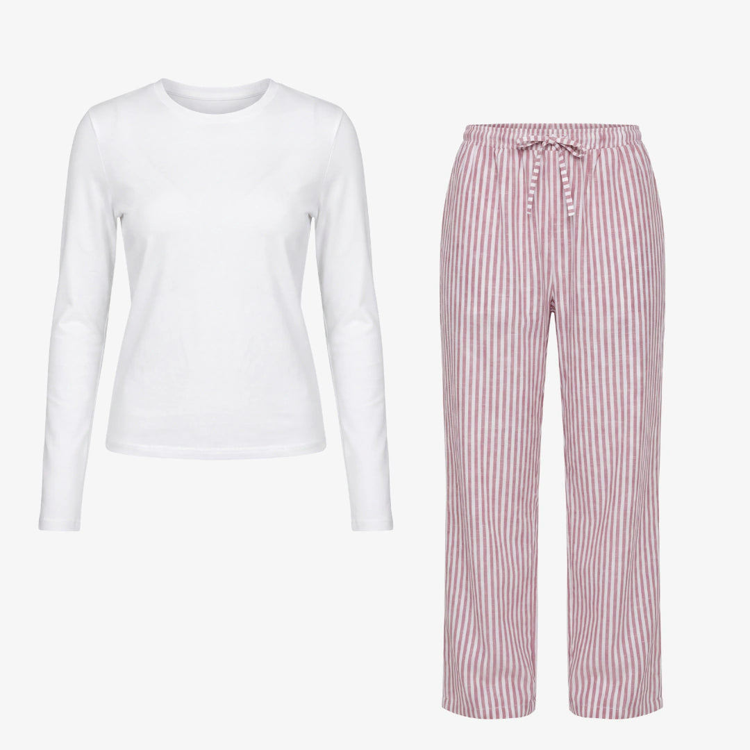 Schlafanzug Set Gestreift Damen lang - Kleidung - Coral Pink/Weiß