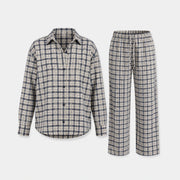 Flanell Schlafanzug Set Damen - Kleidung - Dunkelblau-Weiß kariert