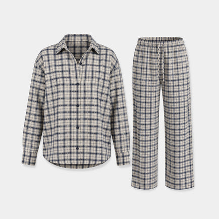Flanell Schlafanzug Set Damen - Kleidung - Dunkelblau-Weiß kariert